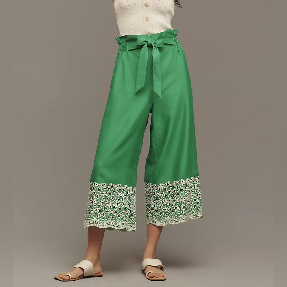 NWT Anthropologie Ranna Gill Cropped Eyelet Wide-Leg Pants – Size L – Green